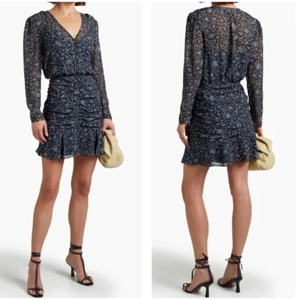 Veronica Beard Rosalia Mini Paisley Dress Size 2 Ruched Silk Blue Black Floral